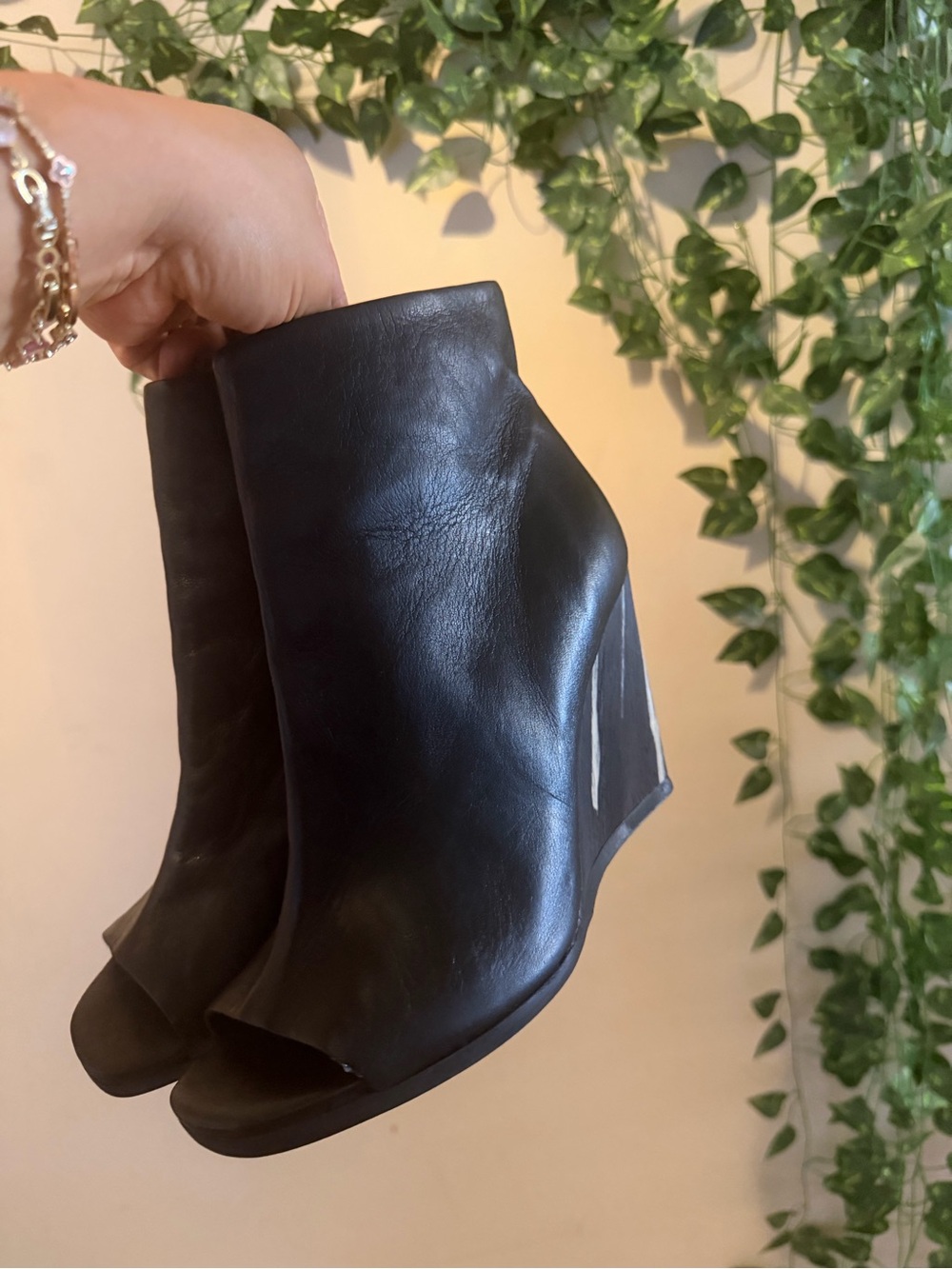 All Saints Black Leather Peep-Toe Wedge Booties